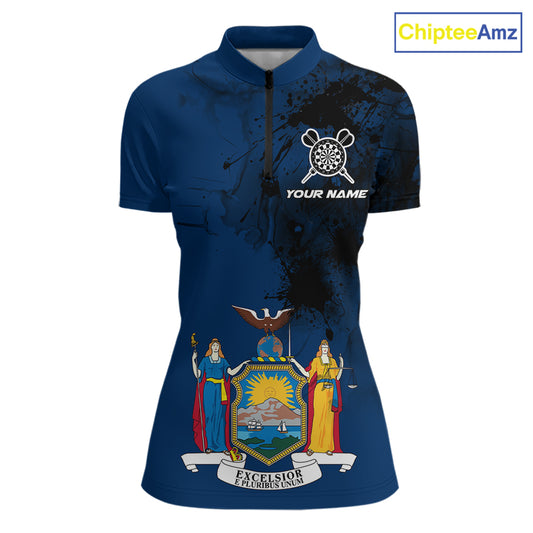 Personalized New York Flag Black Splatter Dart 1/4-Zip Shirts For Women Custom Dart Team Jerseys NYN2715