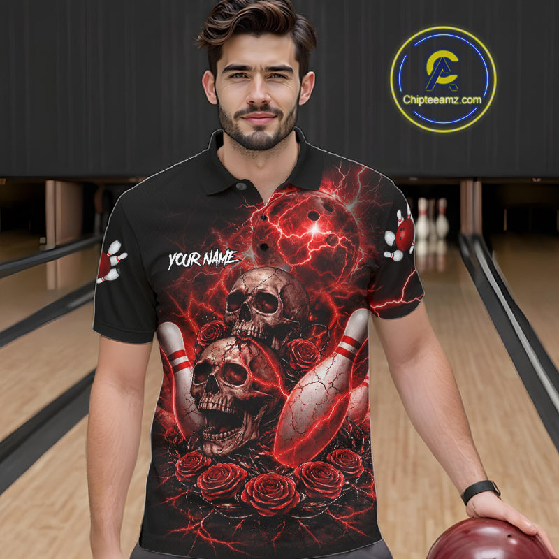 Red Strike Lightning Bowling Custom Team Shirts For Men, Skull Roses Outfit Bowling Team Jersey NYN3071