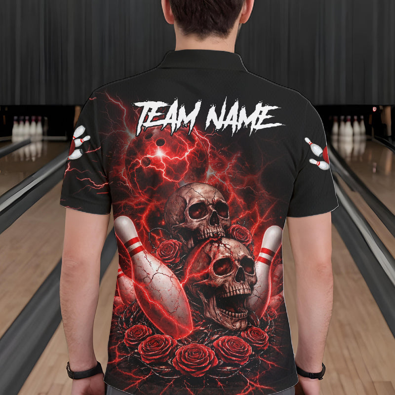 Red Strike Lightning Bowling Custom Team Shirts For Men, Skull Roses Outfit Bowling Team Jersey NYN3071
