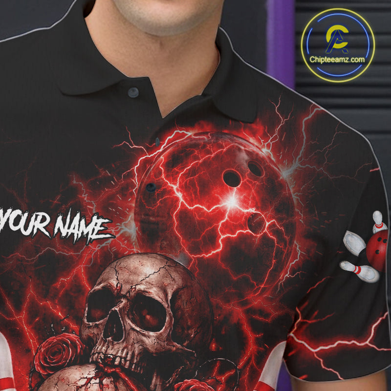 Red Strike Lightning Bowling Custom Team Shirts For Men, Skull Roses Outfit Bowling Team Jersey NYN3071