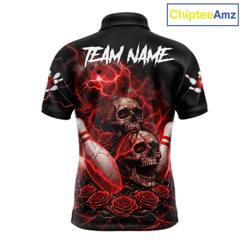 Red Strike Lightning Bowling Custom Team Shirts For Men, Skull Roses Outfit Bowling Team Jersey NYN3071