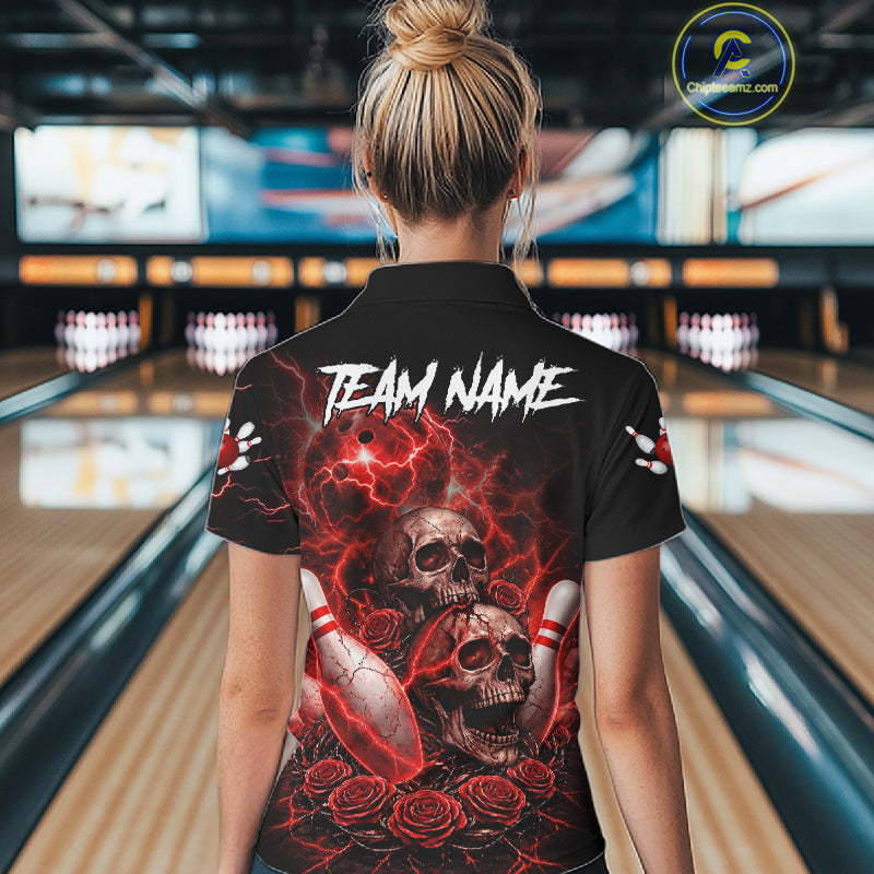 Red Strike Lightning Bowling Custom Team Shirts For Women, Skull Roses Outfit Bowling Team Jersey NYN3071