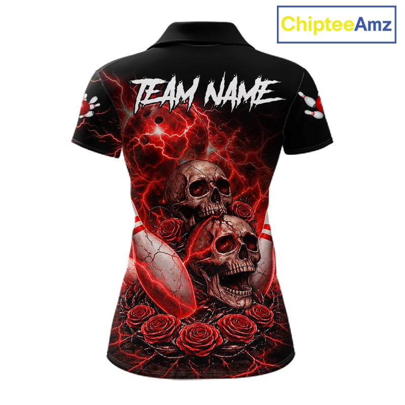 Red Strike Lightning Bowling Custom Team Shirts For Women, Skull Roses Outfit Bowling Team Jersey NYN3071