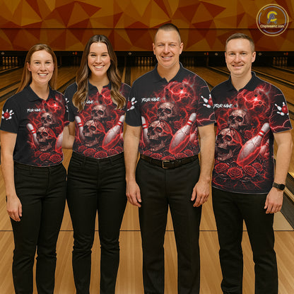 Red Strike Lightning Bowling Custom Team Shirts For Men, Skull Roses Outfit Bowling Team Jersey NYN3071