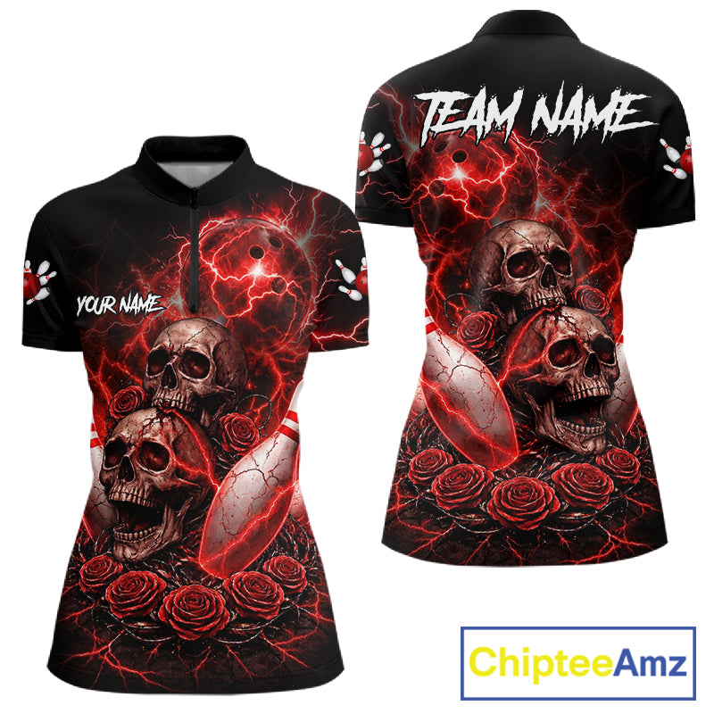 Red Strike Lightning Bowling Custom Team Shirts For Women, Skull Roses Outfit Bowling Team Jersey NYN3071
