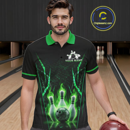 Custom Green Flaming Mens Bowling Jerseys Personalized Bowling Team Shirts For Bowlers NYN3075