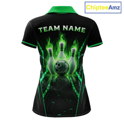 Custom Green Flaming Womens Bowling Jerseys Personalized Bowling Team Shirts For Bowlers NYN3075
