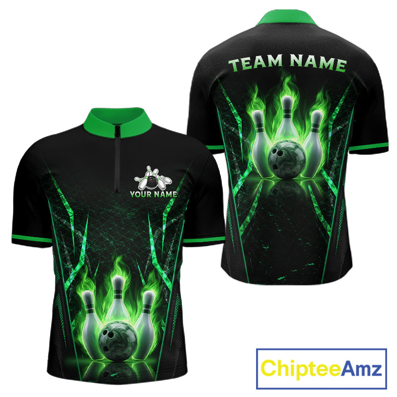 Custom Green Flaming Mens Bowling Jerseys Personalized Bowling Team Shirts For Bowlers NYN3075