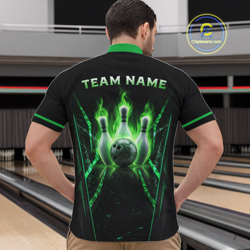Custom Green Flaming Mens Bowling Jerseys Personalized Bowling Team Shirts For Bowlers NYN3075