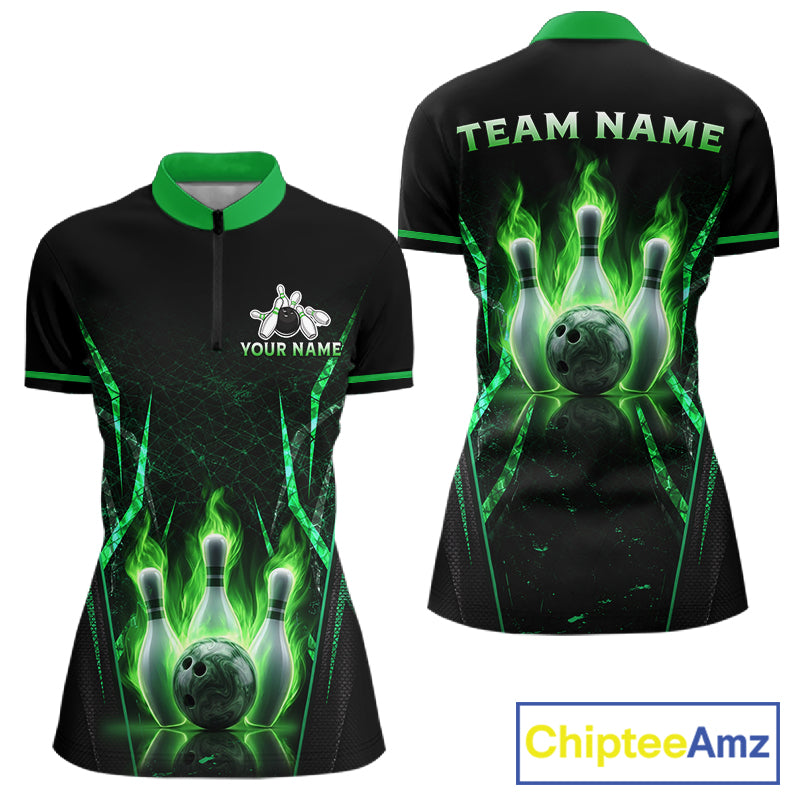 Custom Green Flaming Womens Bowling Jerseys Personalized Bowling Team Shirts For Bowlers NYN3075