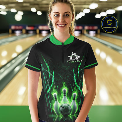 Custom Green Flaming Womens Bowling Jerseys Personalized Bowling Team Shirts For Bowlers NYN3075