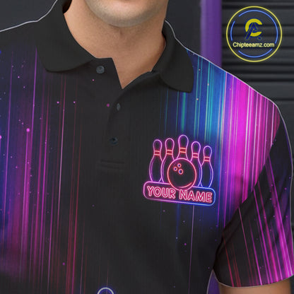 Pink And Blue Neon Lightning Bowling Polo & 1/4-Zip Shirt For Men Custom Team Bowling Jersey NYN3240