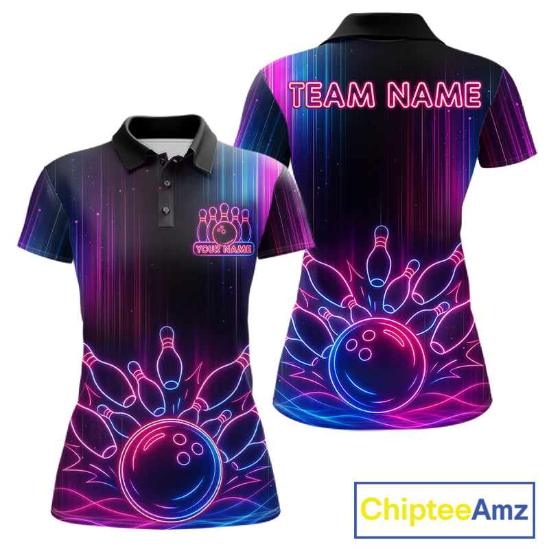 Pink And Blue Neon Lightning Bowling Polo & 1/4-Zip Shirt For Women Custom Team Bowling Jersey NYN3240