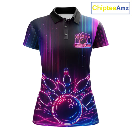 Pink And Blue Neon Lightning Bowling Polo & 1/4-Zip Shirt For Women Custom Team Bowling Jersey NYN3240