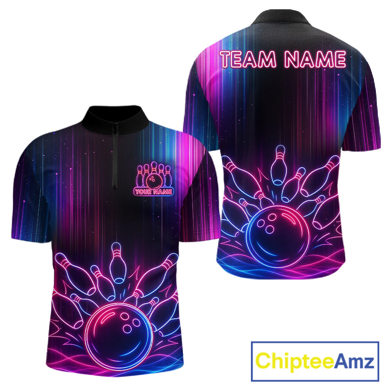 Pink And Blue Neon Lightning Bowling Polo & 1/4-Zip Shirt For Men Custom Team Bowling Jersey NYN3240