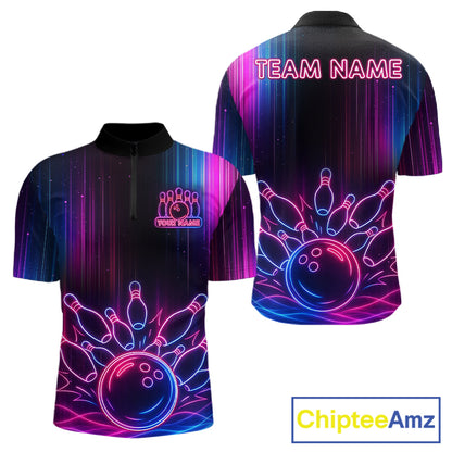 Pink And Blue Neon Lightning Bowling Polo & 1/4-Zip Shirt For Men Custom Team Bowling Jersey NYN3240