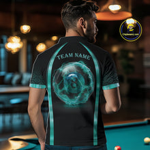 Load image into Gallery viewer, Male pool player wearing Black Teal Thunder Lightning 8 ball billiard jersey during league competition
