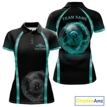 Load image into Gallery viewer, Black Teal Thunder Lightning women's billiard polo shirt custom 8 ball pool team jersey, personalized billiards apparel