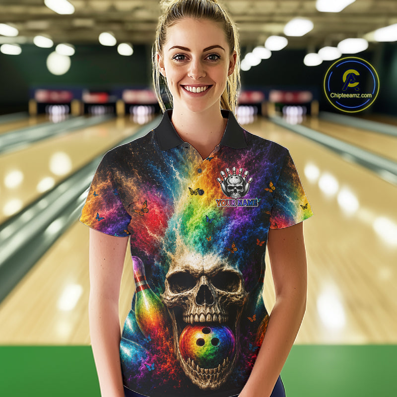 Female bowler modeling Skull Butterfly bowling jersey symbolizing transformation, resilience, rebirth, artistic expression, gothic fashion, Halloween spirit, personalized bowling apparel.