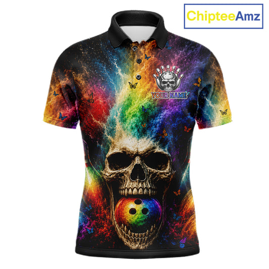 Smoke Skull Butterfly Bowling Polo featuring personalized team graphics, colorful smoke effects, breathable performance apparel, gothic sports fashion, custom tournament jersey, artistic bowling clothing.