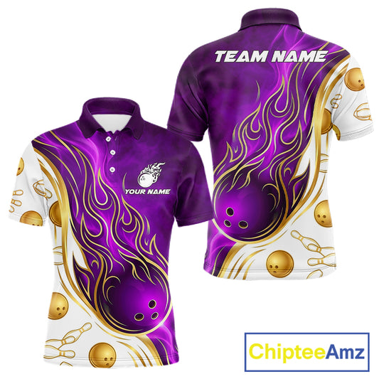 Gold & Purple Flames Bowling Polo featuring personalized player name, custom league jersey, premium flame artwork, athletic bowling apparel, royal-inspired sports fashion, custom team uniform.