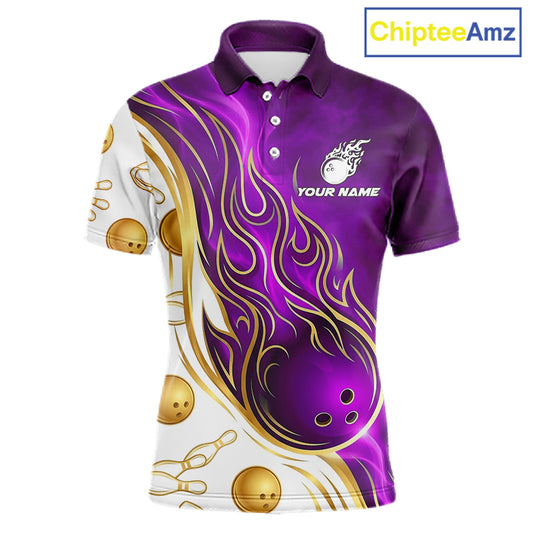 Gold & Purple Flames Bowling Polo featuring personalized player name, custom league jersey, premium flame artwork, athletic bowling apparel, royal-inspired sports fashion, custom team uniform.