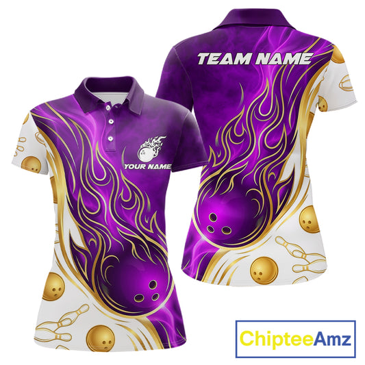 Gold & Purple Flames Bowling Polo featuring dynamic flame graphics, personalized bowling team name, breathable performance polo, moisture-wicking tournament apparel, luxury sportswear, championship bowling jersey, royal purple accents.