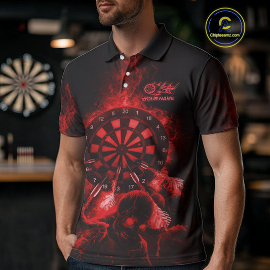 Custom Skeleton Red Flames Dartboard Dart Men Polo Jerseys Lightning Dart Team Shirt NYN1695
