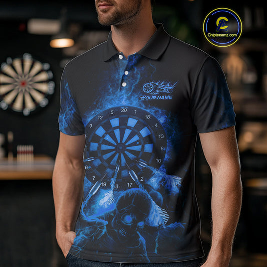Custom Skeleton Blue Flames Dartboard Dart Men Polo Jerseys Lightning Dart Team Shirt NYN1696