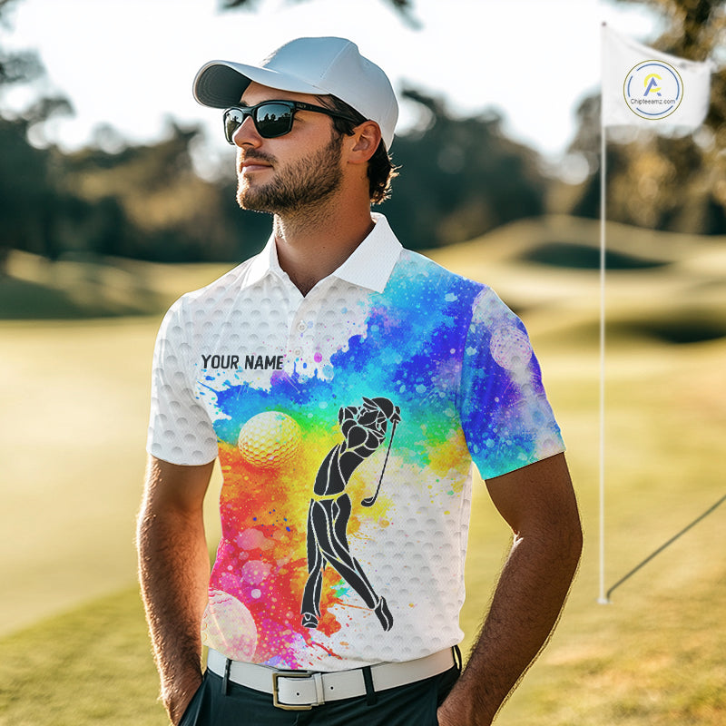 Mens White Pattern Golf Polo Shirt Custom Name Colorful Watercolor Golf Clothes, Golf Gifts NYN2873