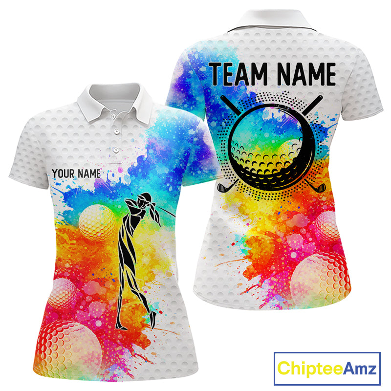 Women White Pattern Golf Polo Shirt Custom Name Colorful Watercolor Golf Clothes, Golf Gifts NYN2873