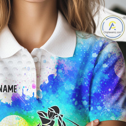 Women White Pattern Golf Polo Shirt Custom Name Colorful Watercolor Golf Clothes, Golf Gifts NYN2873