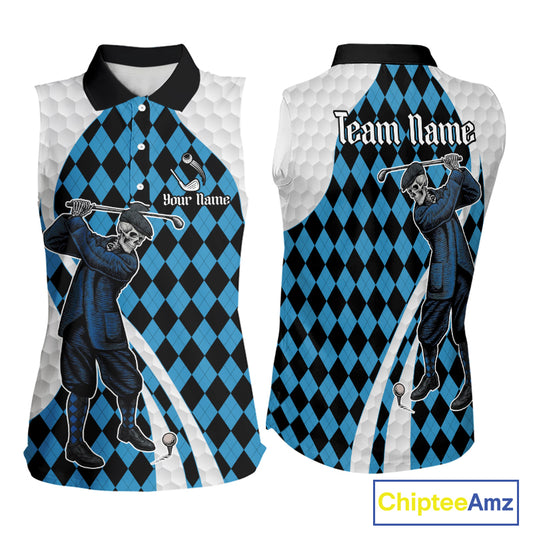 Golfer Skeleton Golf Sleeveless Polo Shirts For Women Custom Blue Argyle Pattern Team Name Golf Clothes NYN3253