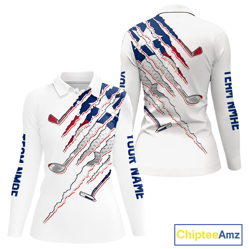 Texas Flag Women's Golf Polo Shirt mockup featuring white golf clubs design, personalized women's Texas golf apparel, Lone Star golf polo, custom golf team shirt, performance golf clothing, Texas golf tournament outfit.