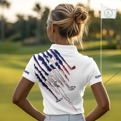 Women's model wearing Texas Flag Golf Polo Shirt, Texas golf fashion, oversized patriotic golf apparel, matching golf couple clothing, personalized golf outfit.