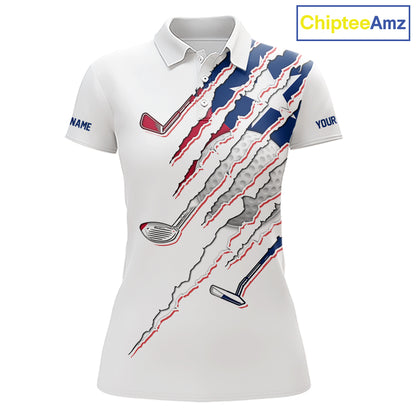 Texas Flag Women's Golf Polo Shirt mockup featuring white golf clubs design, personalized women's Texas golf apparel, Lone Star golf polo, custom golf team shirt, performance golf clothing, Texas golf tournament outfit.