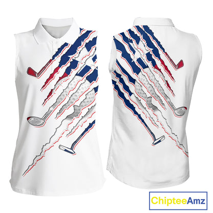 Texas Flag Sleeveless Golf Polo Shirt mockup featuring white golf clubs design, Texas golf apparel, Lone Star golf clothing, personalized golf polo, custom golf team uniform, performance sportswear.