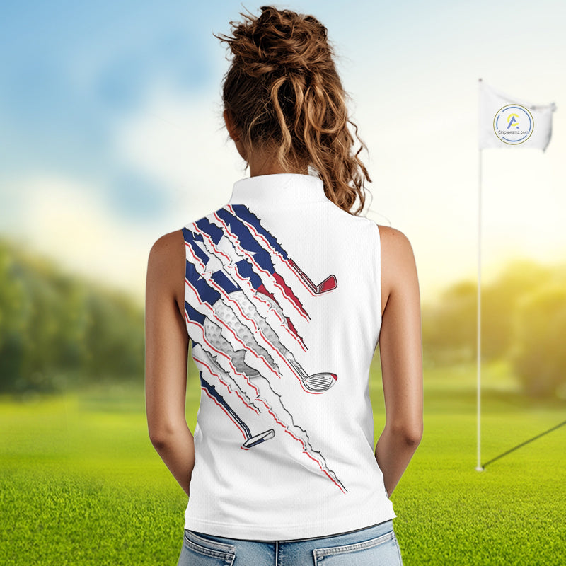 Women's model wearing Texas Flag Golf Polo Shirt, Texas golf fashion, oversized patriotic golf apparel, matching golf couple clothing, personalized golf outfit.