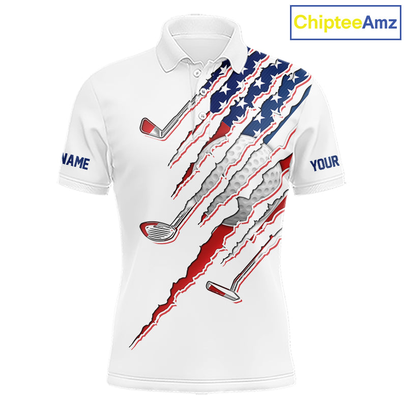 American Flag Men's Golf Polo Shirt mockup with white golf clubs, personalized patriotic golf shirt, custom golf team apparel, USA golf polo, Memorial Day golf clothing, performance golf jersey.