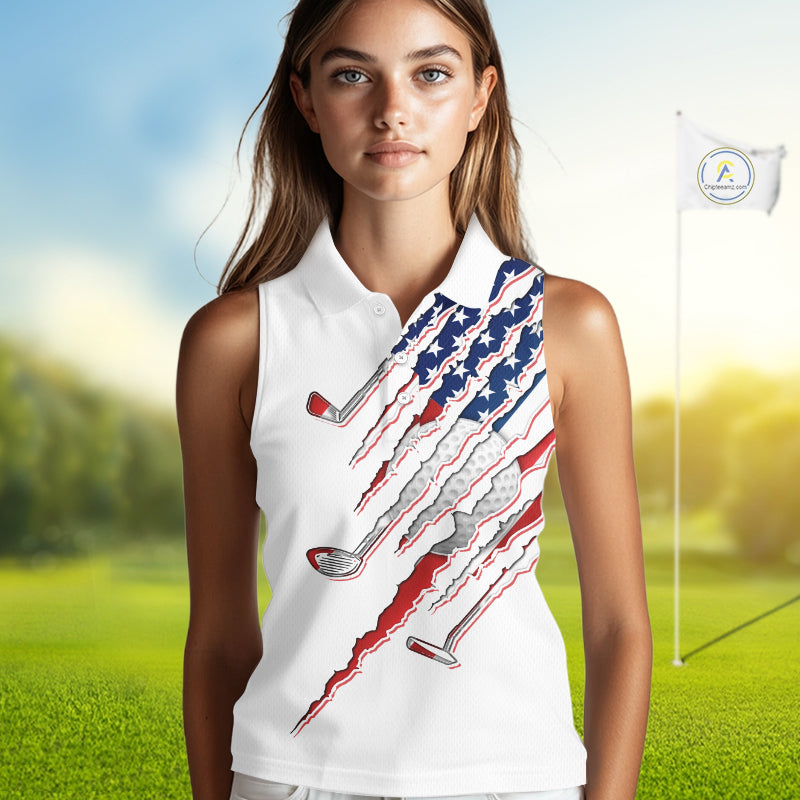 Women's model wearing American Flag Golf Polo Shirt, patriotic golf fashion, oversized USA golf apparel, matching golf couple outfit, custom golf clothing.
