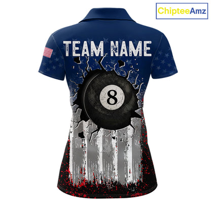 American Flag Cracked 8 Ball Billiard Pool Shirt For Women Custom Grunge Patriotic Billiard Team Jersey NYN3085