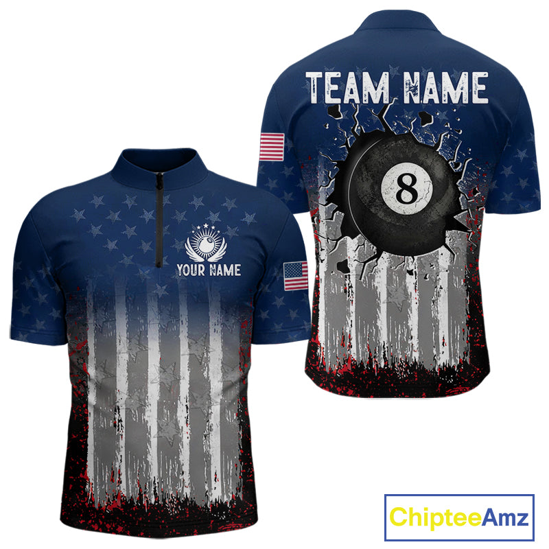 American Flag Cracked 8 Ball Billiard Pool Shirt For Men Custom Grunge Patriotic Billiard Team Jersey NYN3085
