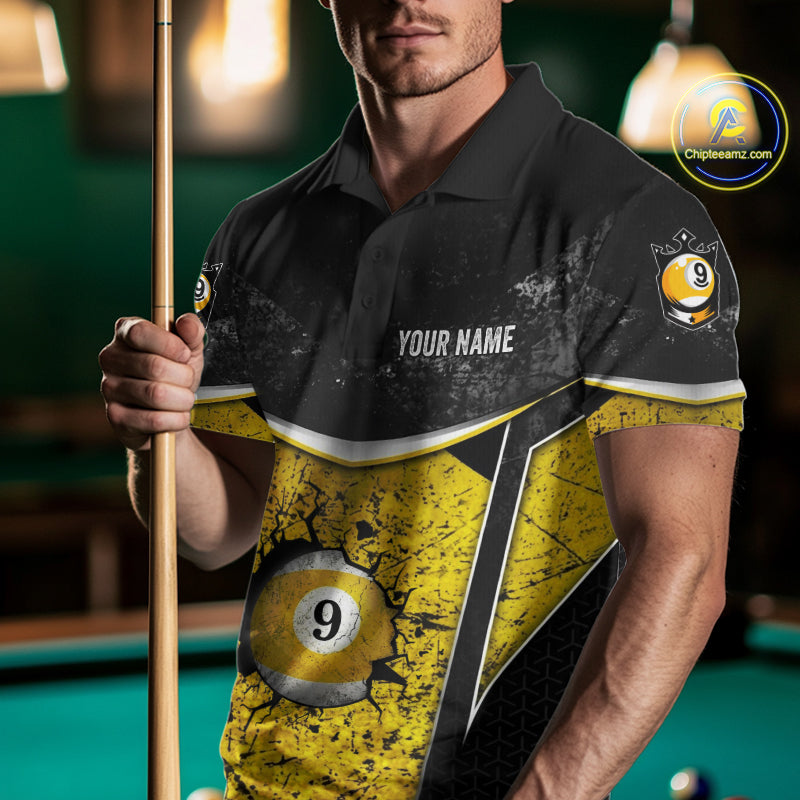Black And Yellow Grunge Cracked 9 Ball Billiard Pool Shirt For Men Custom 9 Ball Billiard Team Jersey NYN3086