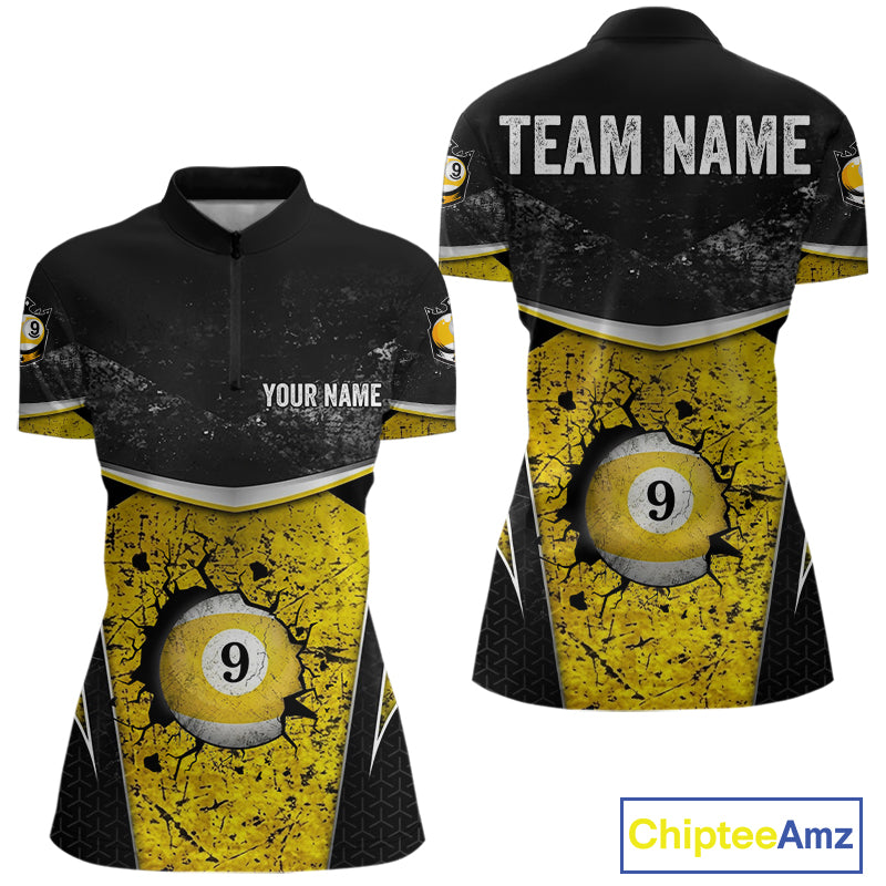 Black And Yellow Grunge Cracked 9 Ball Billiard Pool Shirt For Women Custom 9 Ball Billiard Team Jersey NYN3086