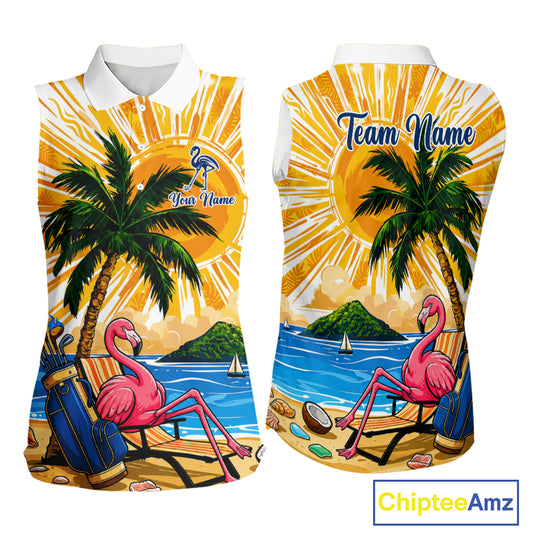 Funny Flamingo Womens Golf Sleeveless Polo Shirt Custom Summer Tropical Golf Team Clothing Golf Gifts NYN3262