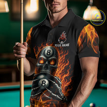 Load image into Gallery viewer, Male billiards player wearing Fire Flame Skull 8 Ball red pool jersey during league and tournament play