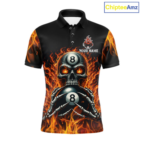 Fire Flame Skull 8 Ball men's billiard polo shirt custom red flame pool jersey, personalized billiards team uniform, tournament cue sports apparel