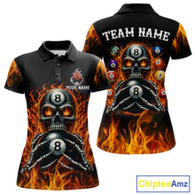 Load image into Gallery viewer, Fire Flame Skull 8 Ball women's billiard polo shirt custom red flame pool jersey, personalized billiards team uniform, tournament cue sports apparel