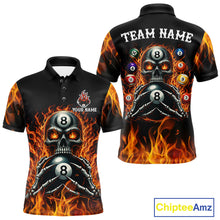 Load image into Gallery viewer, Fire Flame Skull 8 Ball men's billiard polo shirt custom red flame pool jersey, personalized billiards team uniform, tournament cue sports apparel