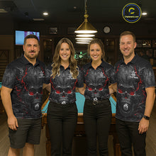 Load image into Gallery viewer, Men women billiard team wearing Flaming Skull 8 Ball custom billiard uniforms, personalized pool team jerseys